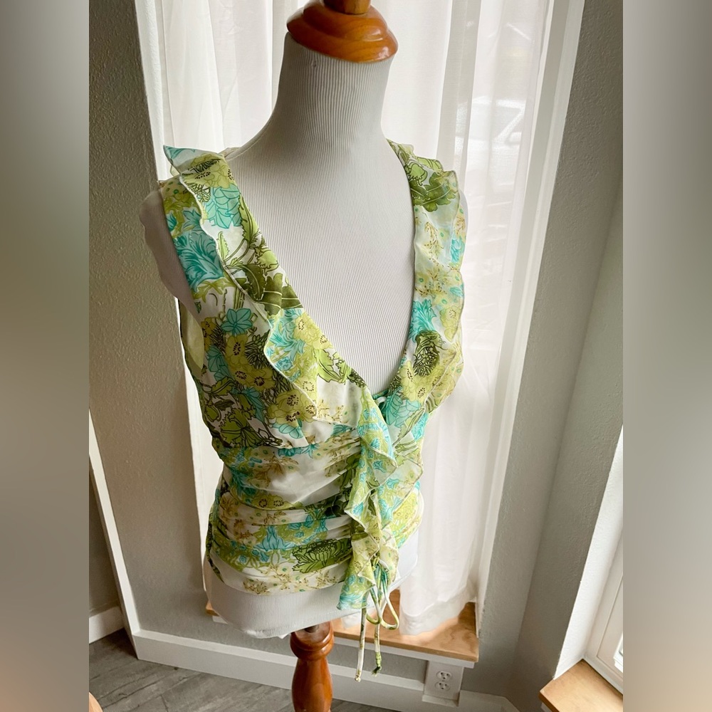 Allen by ABS Green Floral Sleeveless Ruffle Top